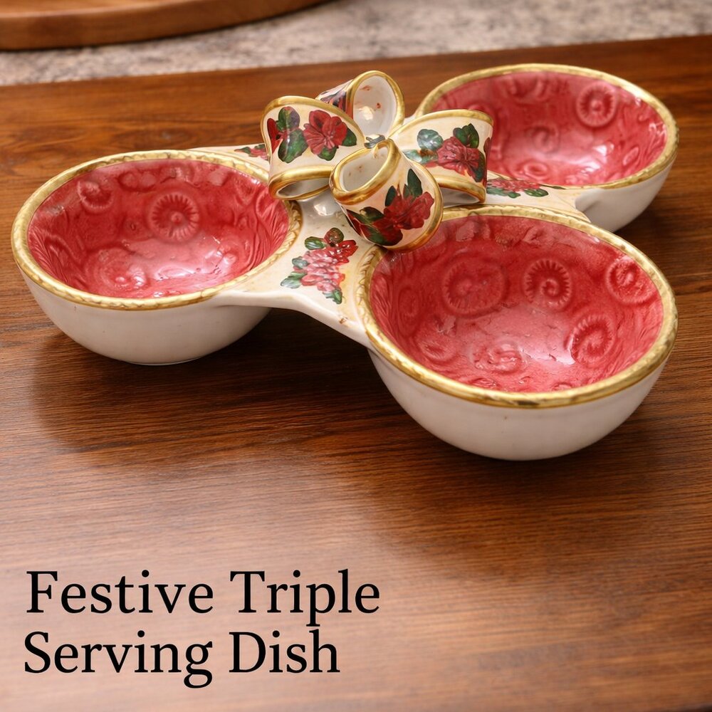 World Bazaars Red Clover Shape Ceramic 3 Section Candy Dish - 11” Wide Vintage‎